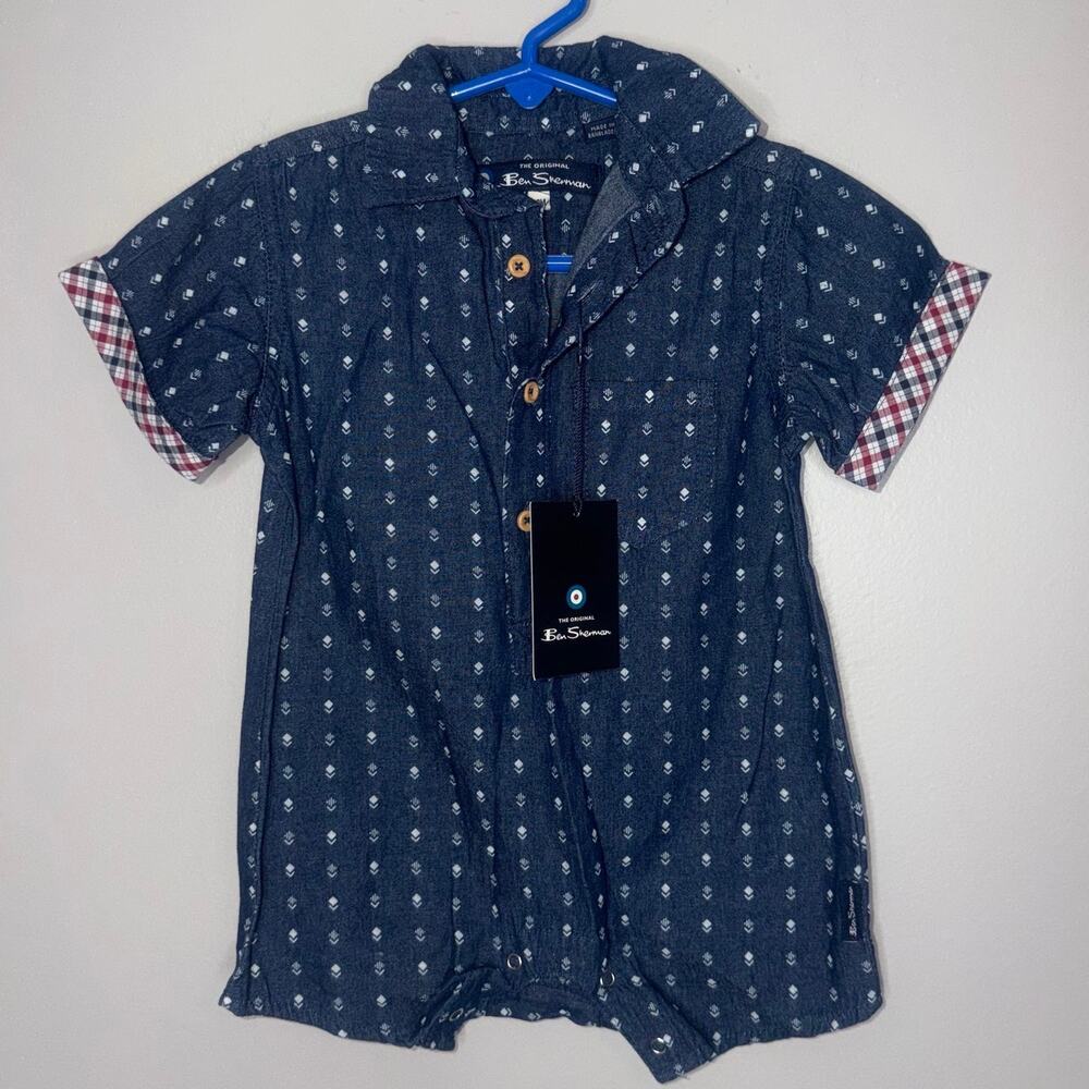Ben Sherman Infant Boys 18M Button Down Geometric Pattern Short Sleeve One Piece
